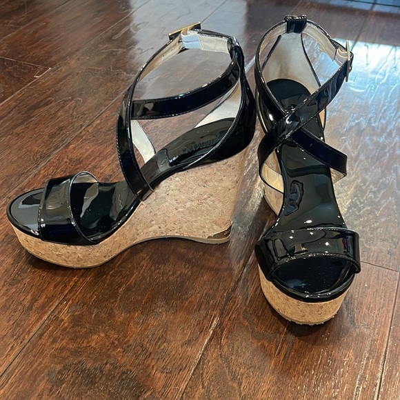 NWT Brand New Jimmy Choo Portia 120 Black Patent Leather Wedges 36 6 Women’s - Picture 14 of 17